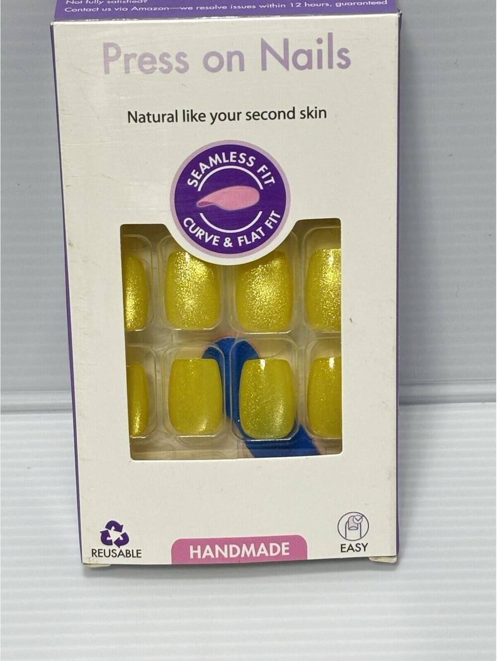 Seamless Fit Press On Nails Yellow Solid Color Full Cover False Fake Nail Set - Picture 4 of 4